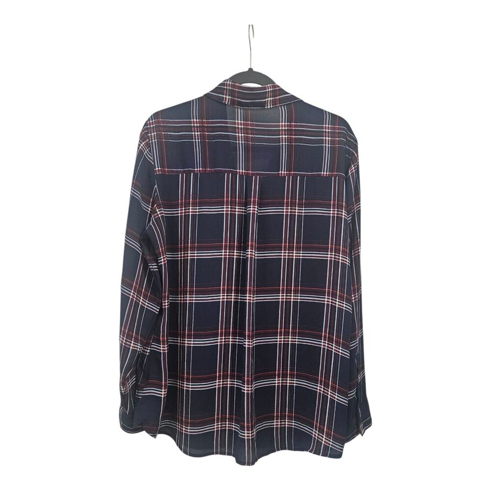 Express Womens XL Blouse Blue Plaid V-Neck Collar Roll Tab Sleeves Button-Up - Picture 2 of 8